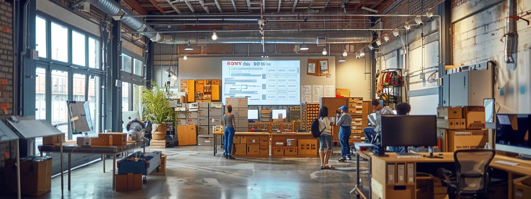 Explore Pricing Dynamics of Moving Services Based on Timing 1 a busy urban moving company office features a large display board showcasing various truck sizes alongside packing materials and a team of professionals discussing volume measurements, highlighting the impact of item quantity on moving service prices.