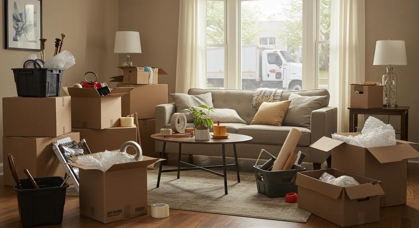 Moving Costs Unveiled: Compare Quotes vs DIY Estimates 1 Moving costs: Cluttered living room with packing supplies and a rental truck, highlighting hidden costs of DIY moving