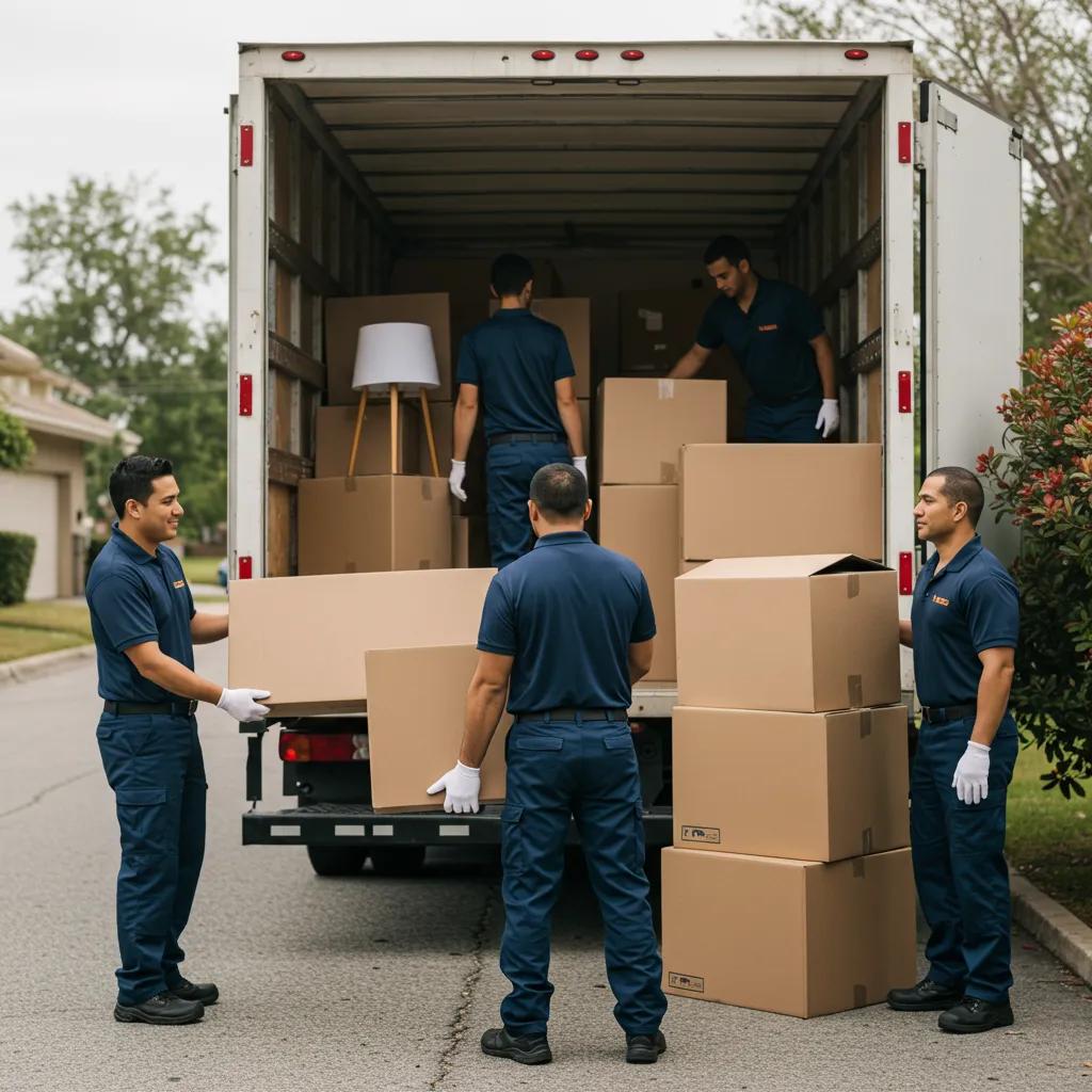 Moving Costs Unveiled: Compare Quotes vs DIY Estimates 2 Professional movers loading a truck with furniture, illustrating the components of a moving company quote
